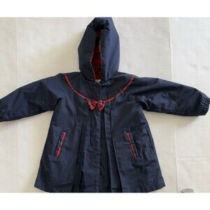 ROTHSCHILD Vtg Navy Hooded Coat Girls 24 Months Pleated Lined Red Plaid Bow Trim